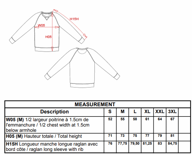 Maattabel K495 - Sweater piqué bio
